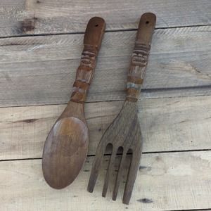 Vintage Carved Wooden Tiki Fork and Spoon Kitchen Wall Décor